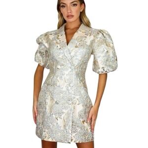 Missguided Metallic Floral Brocade Puff Sleeve Tailored Blazer Dress Size 14 NEW